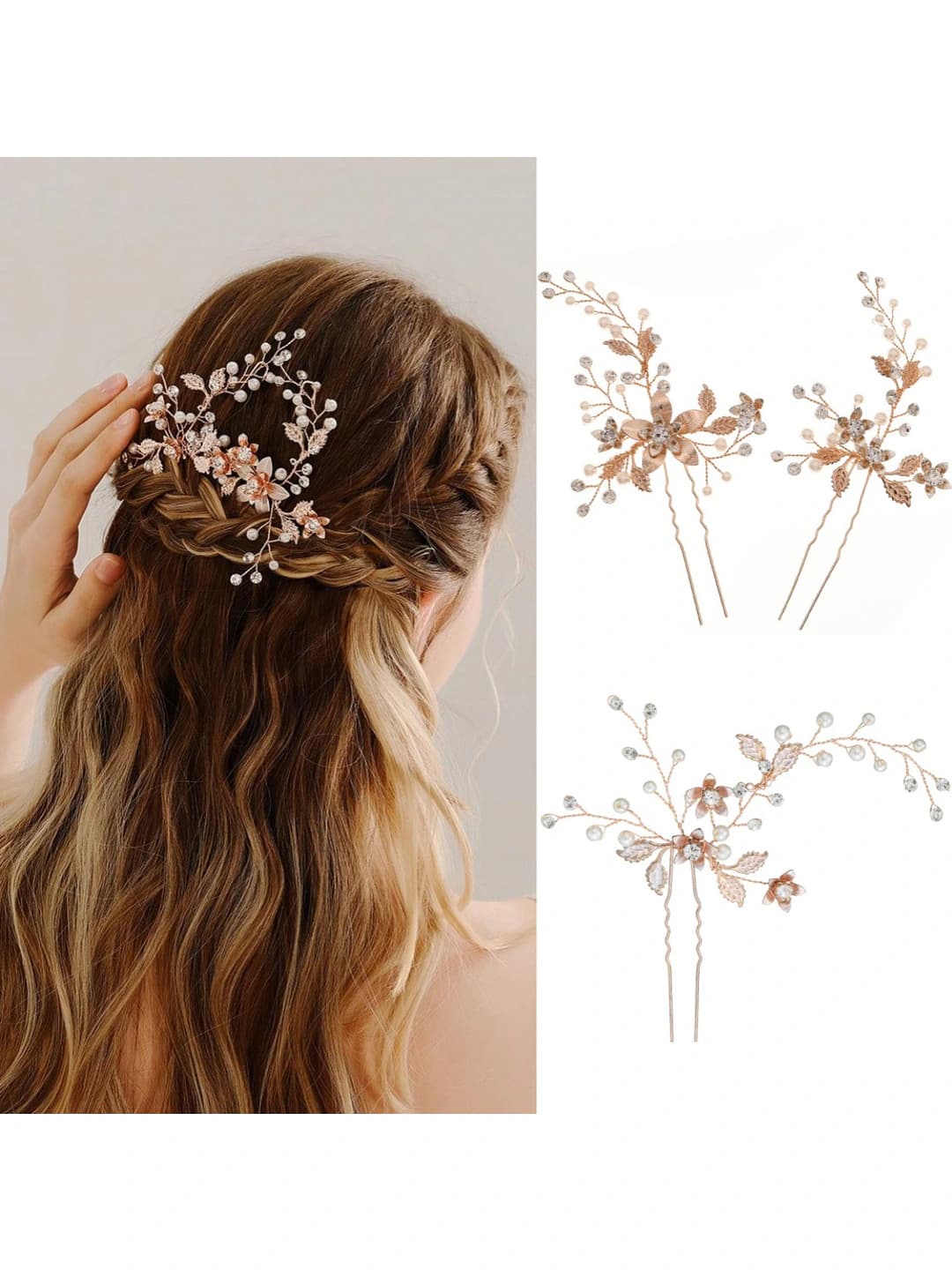 Women's retro floral pearl hair pin, hand-woven bronze material, hair accessory