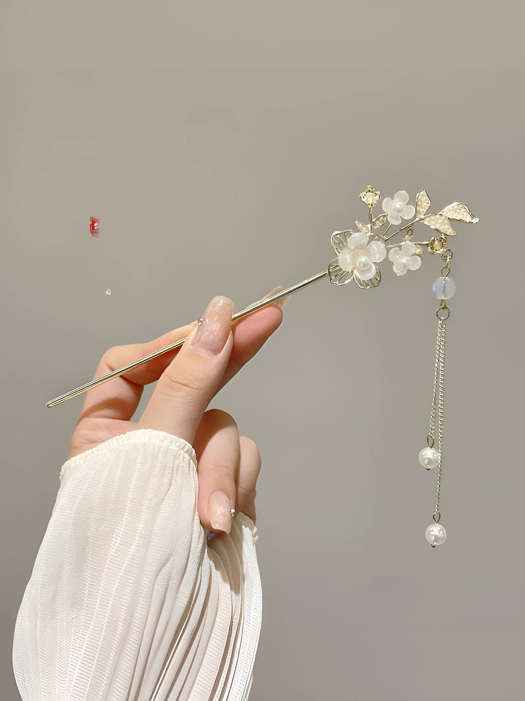 77# Three flower pearl tassel hairpin - Gold