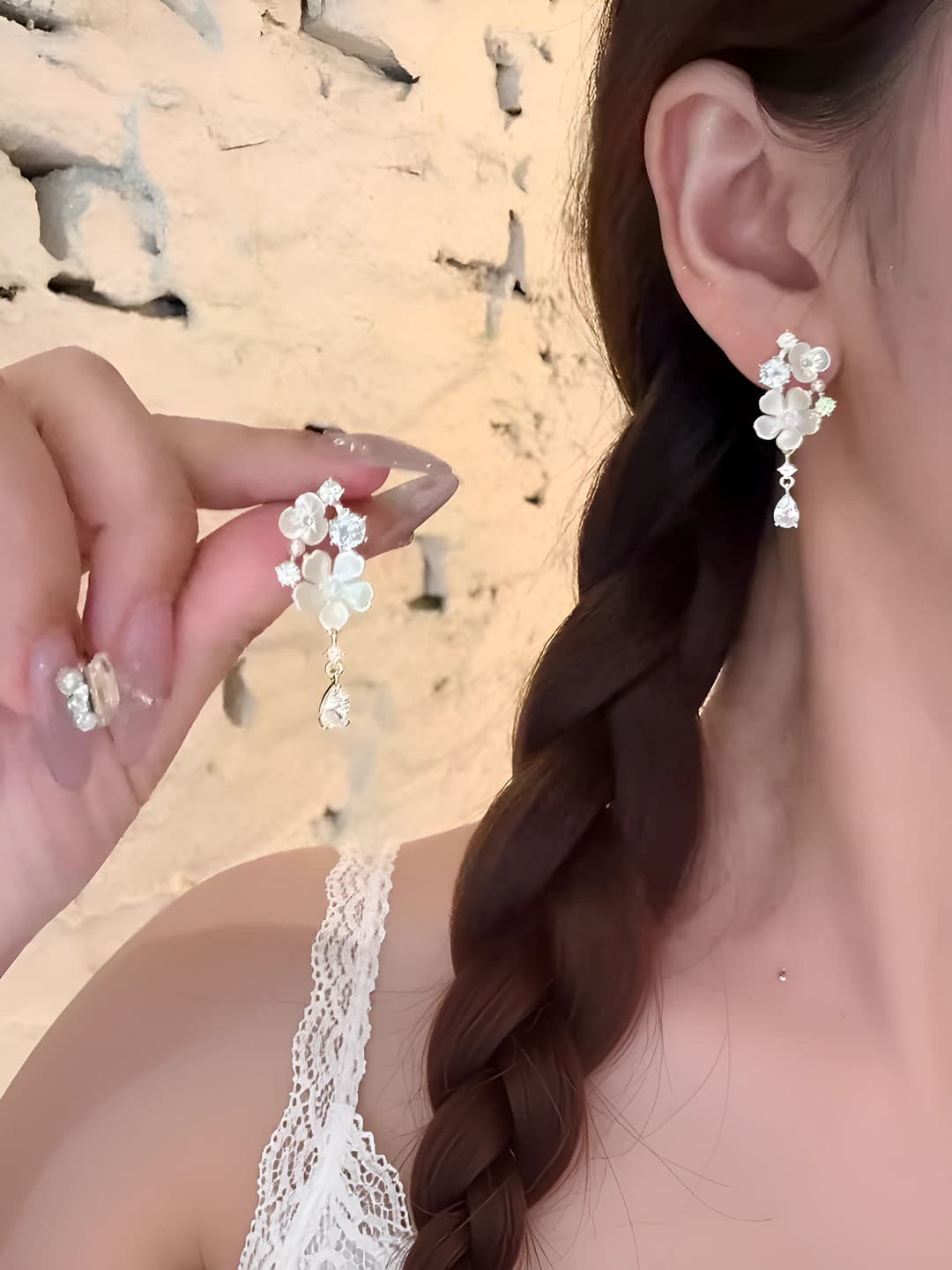 Shell flower zircon drop studs