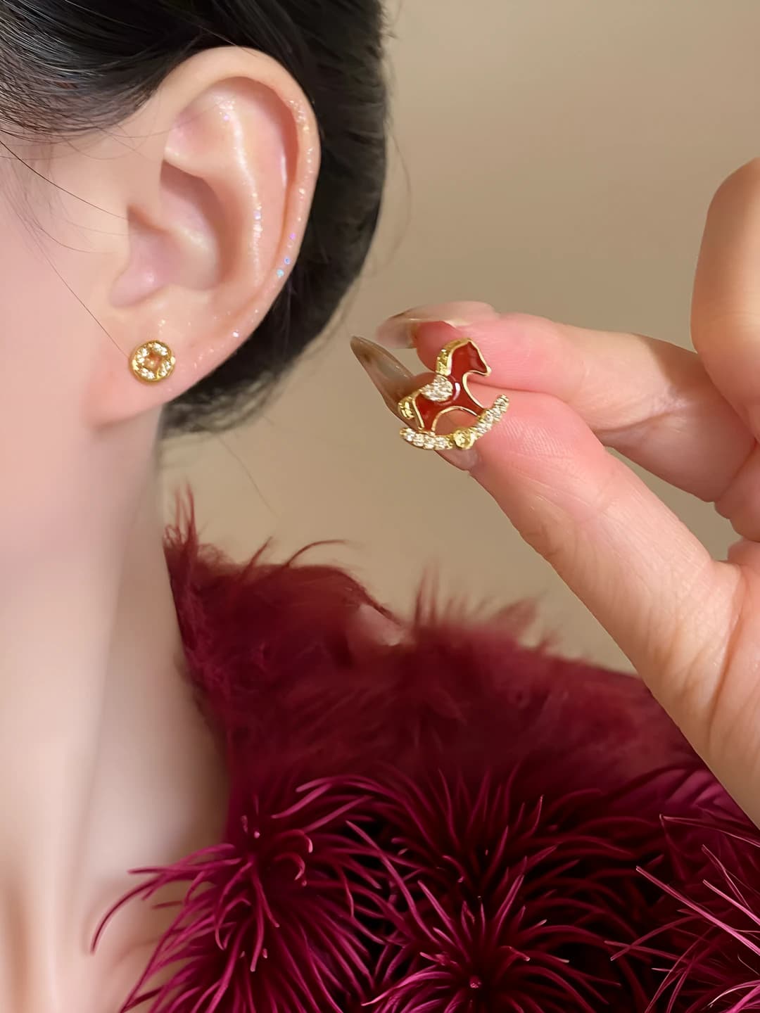 Asymmetric pony coin zircon stud earrings