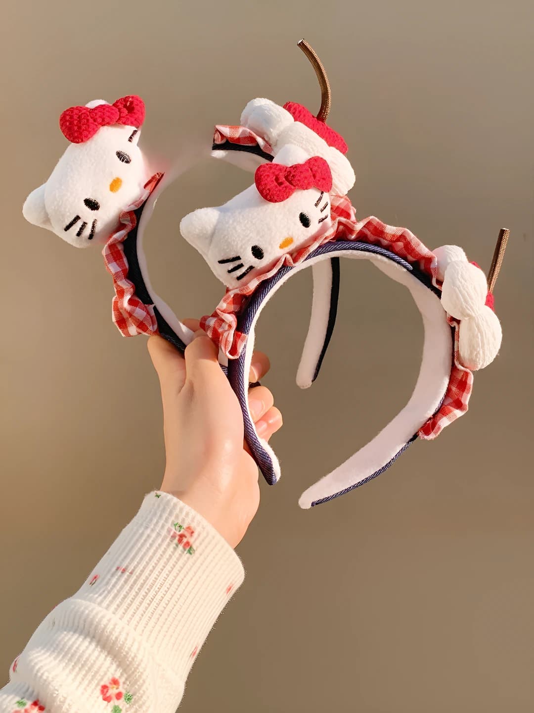 Women's red checked Kitty cat wide headband, high crown, cartoon, for holding hair while washing face