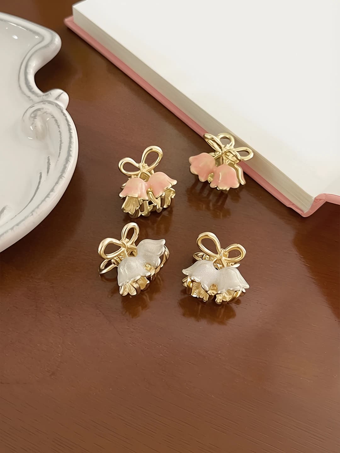 Women's hair clips and combs: pink mini metal lily of the valley flower clip handmade