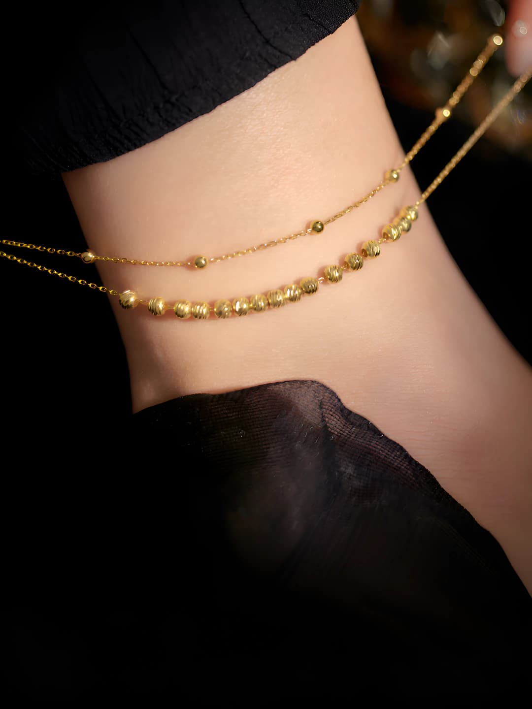 Women's silver summer layered double round bead anklet, simple and classic