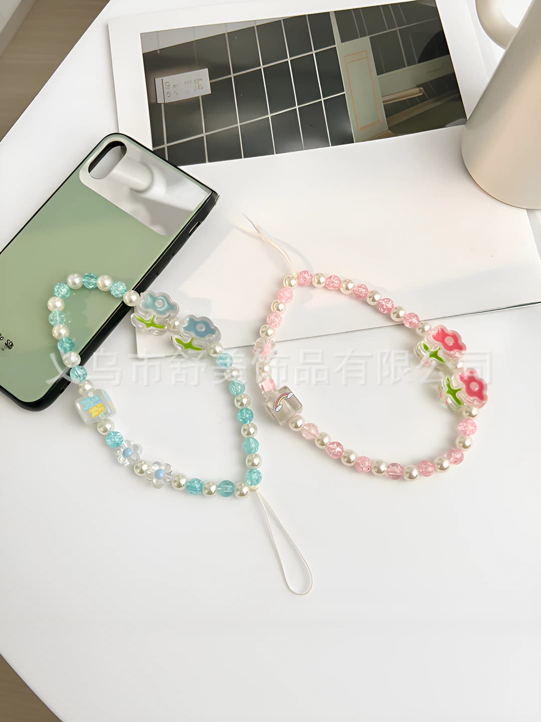 Women's mini beaded phone charm chain with rabbit and flower pattern in Korean style