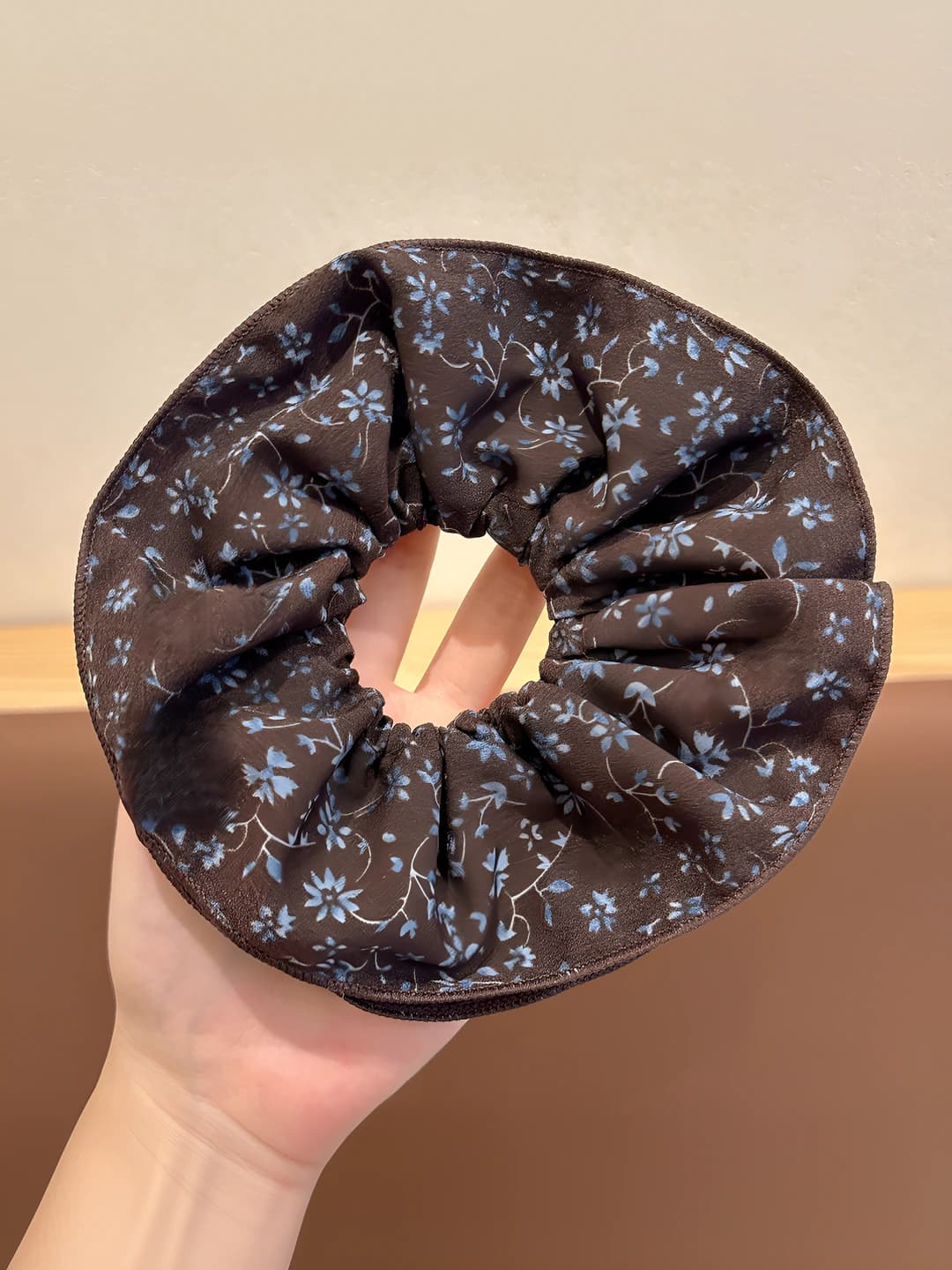 3# Brown retro navy floral 4-layer large hair tie ~16 cm