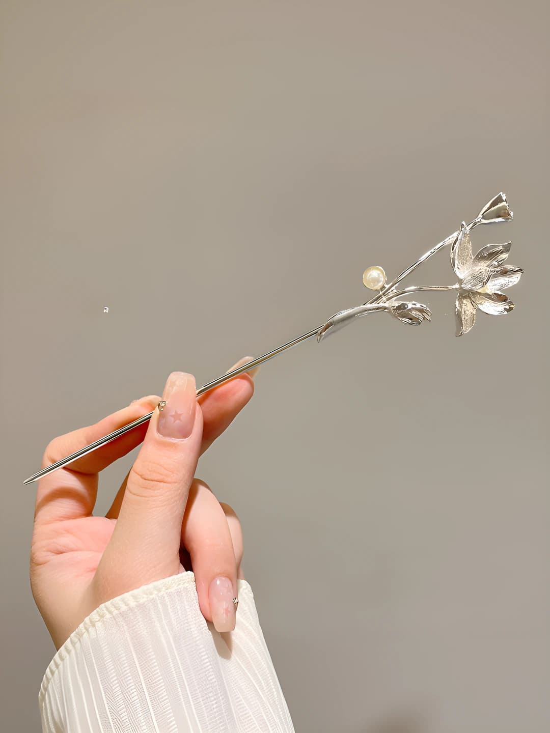 27# Pearl lotus hairpin - Silver