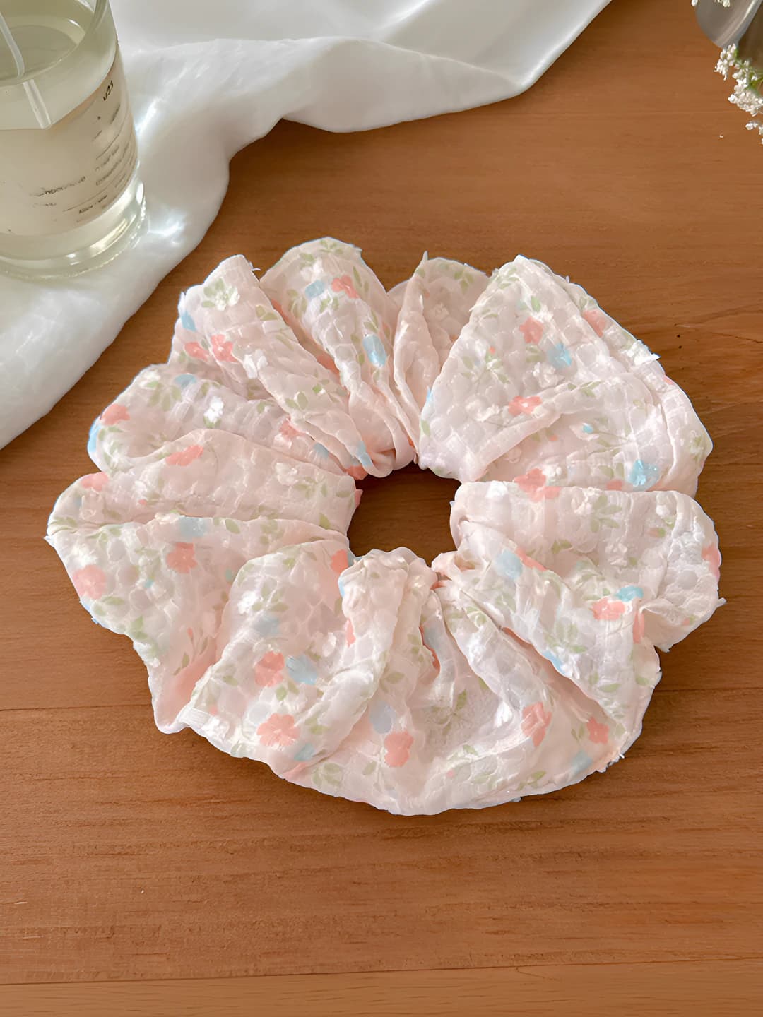 Pink floral hair tie