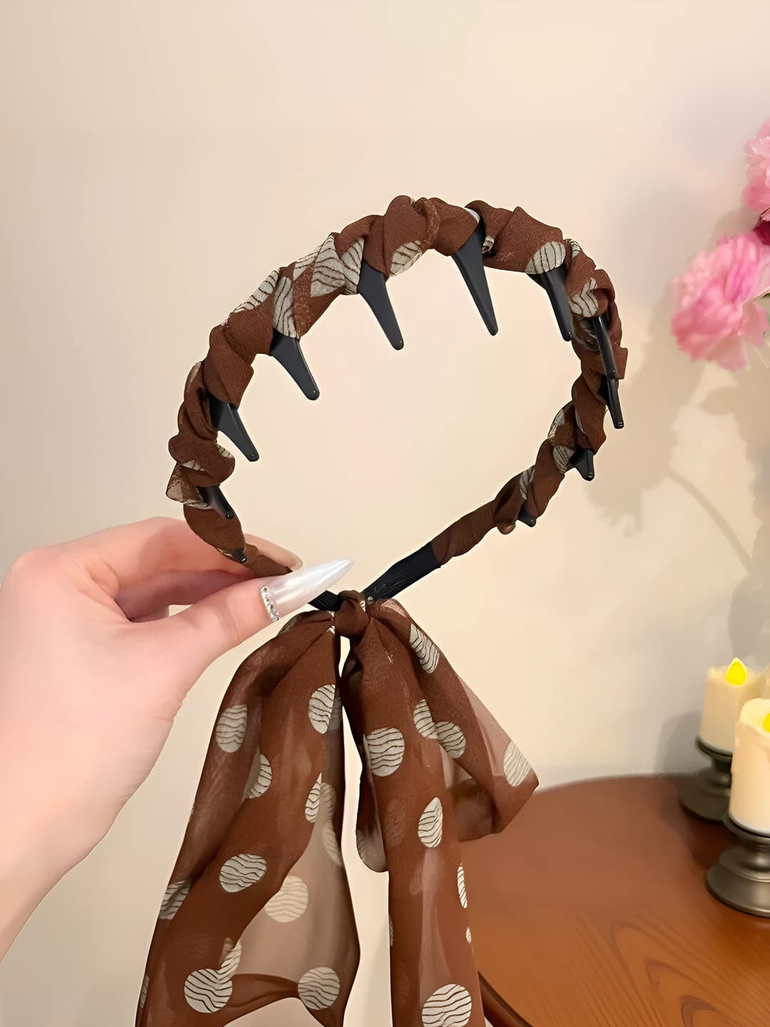 Coffee polka dot comb headband