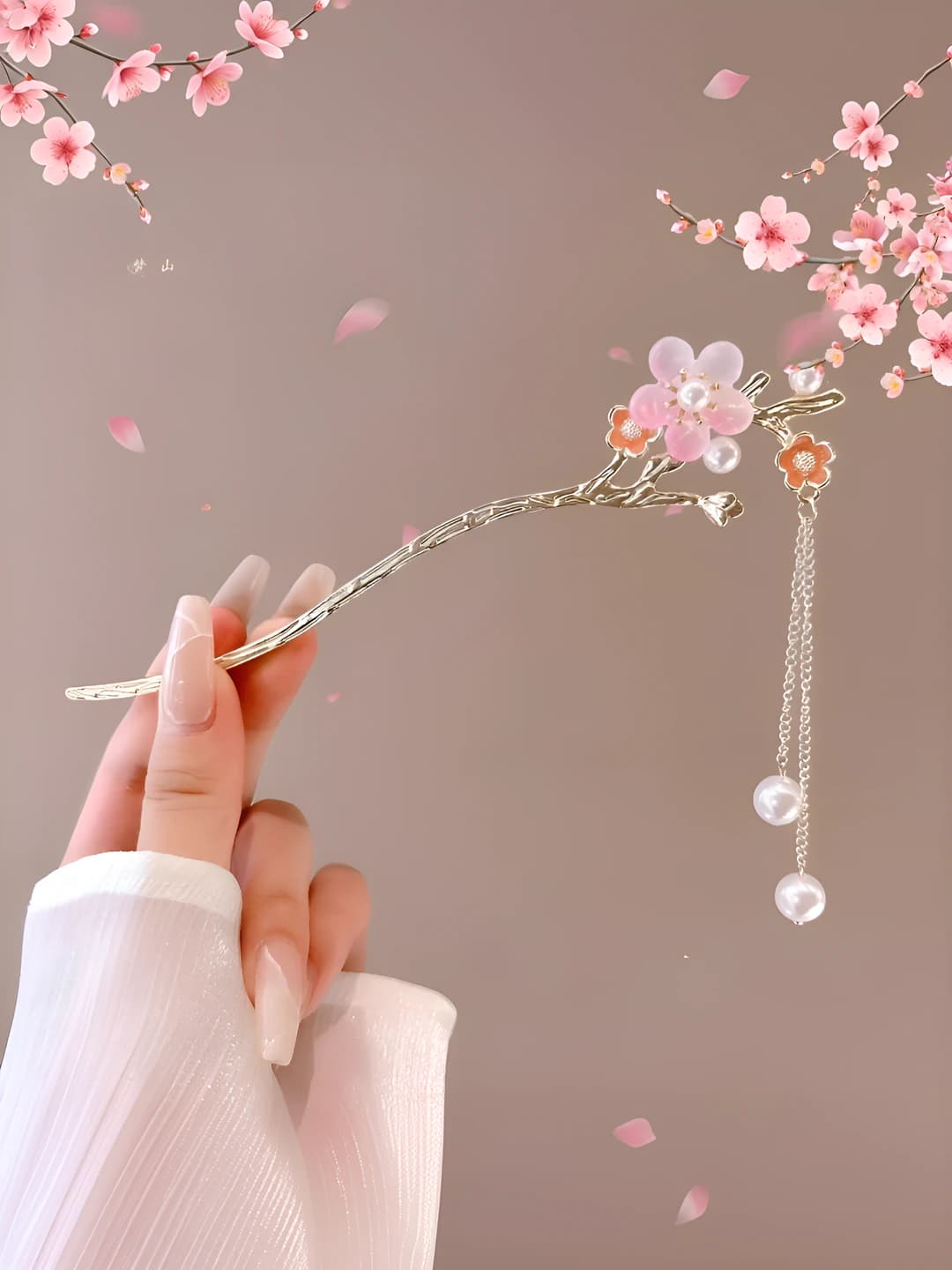 20# Plum blossom pink single flower pearl tassel hairpin (in bag)