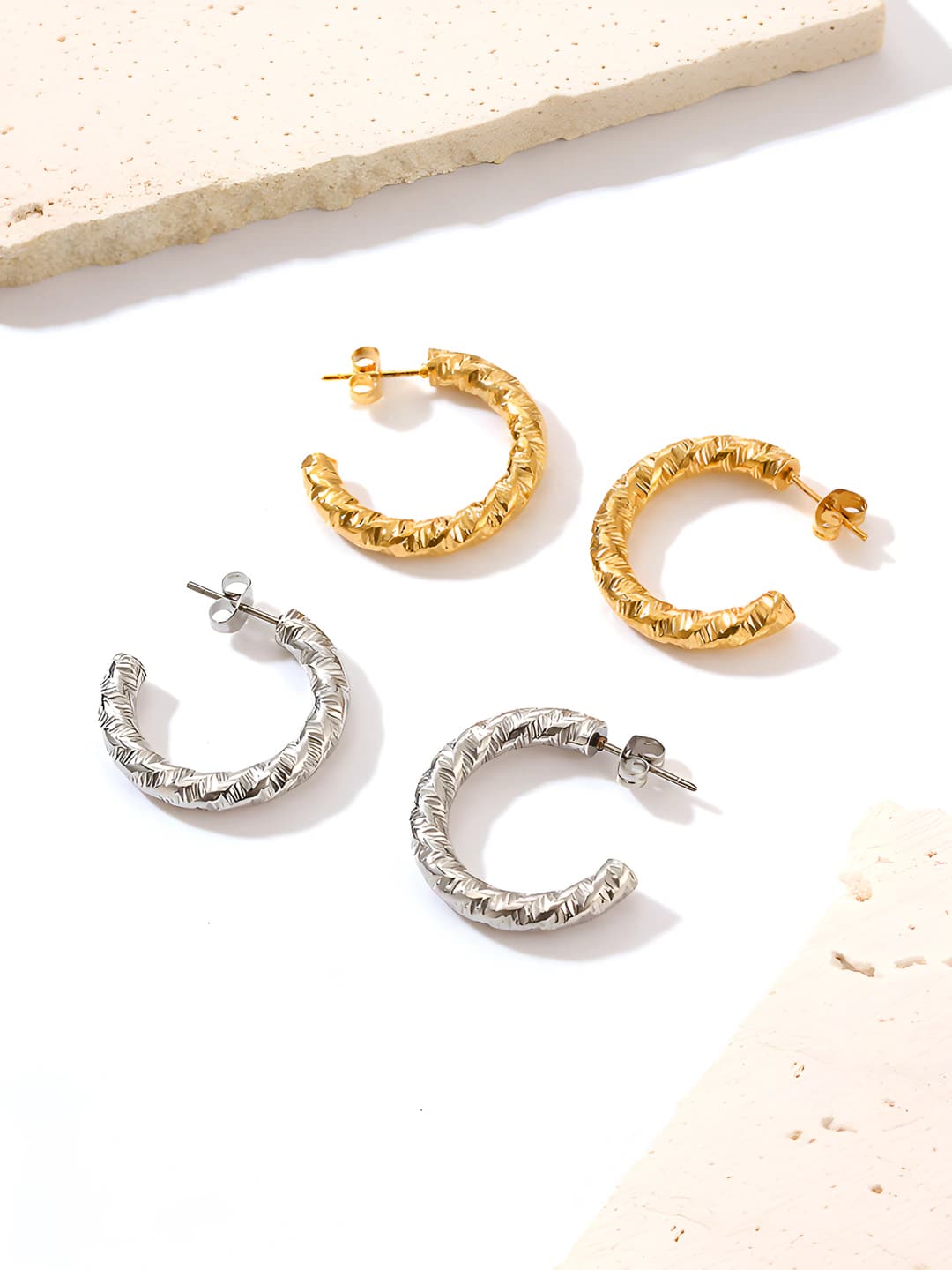 Women's stainless steel hoop earrings with 18K gold C-clasp, retro style, round design