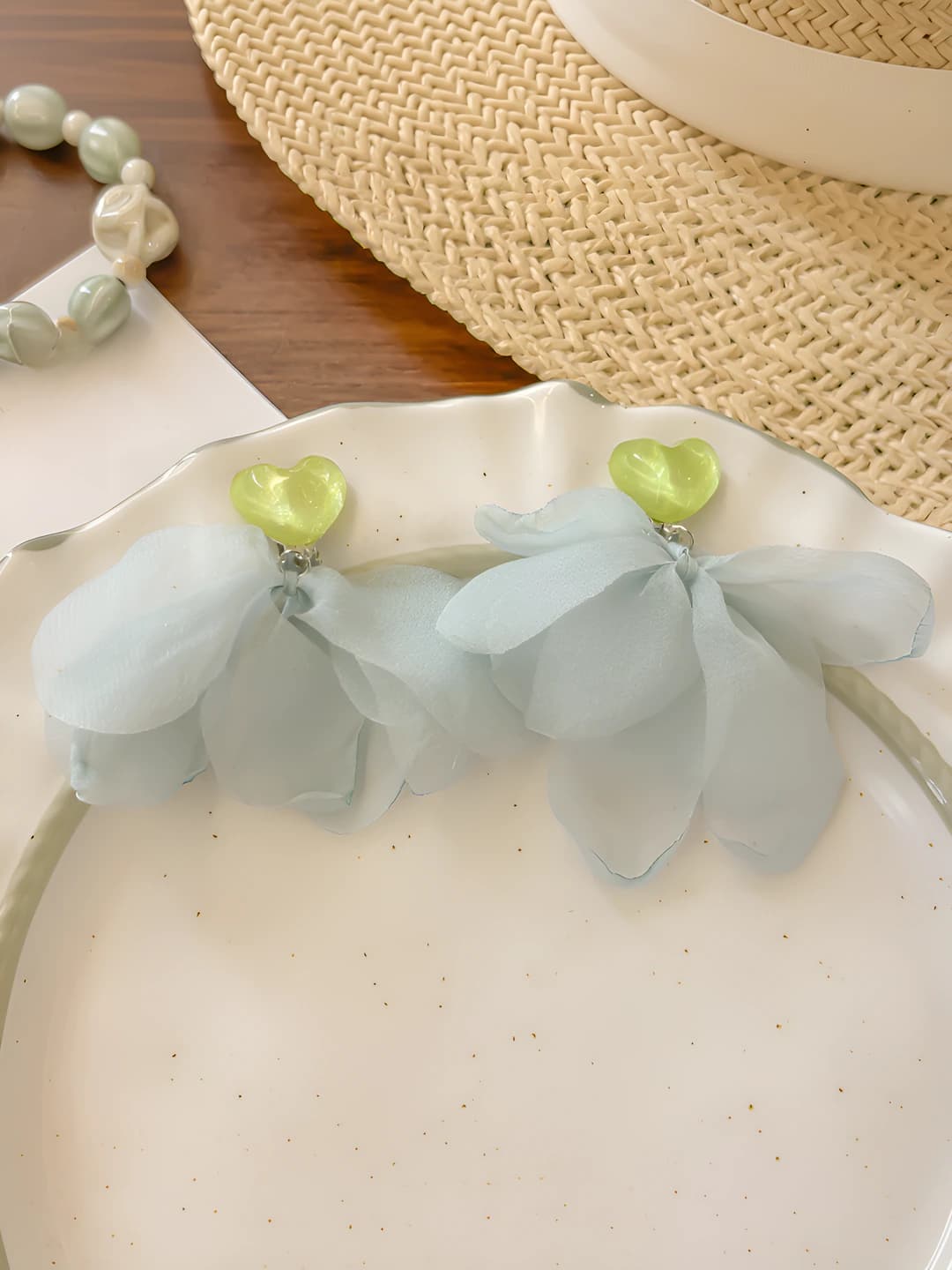 Chiffon flower, green heart, earrings