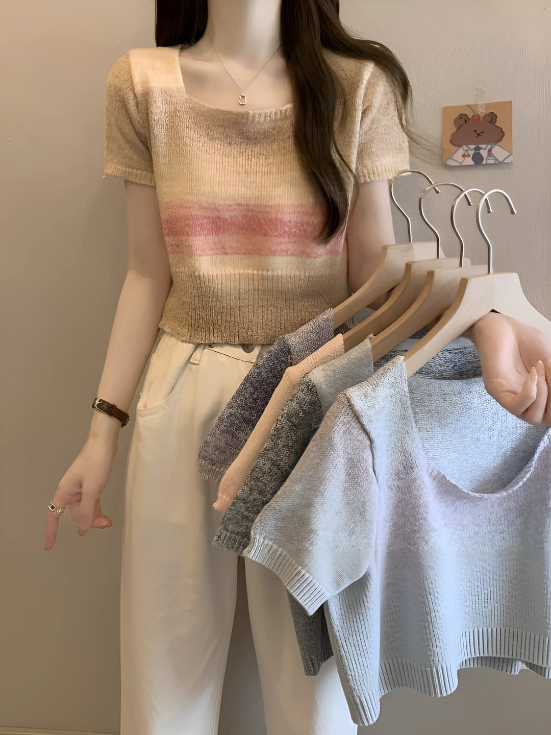 Women's retro knit top 2026, cropped, slimming, for petite, short sleeve, slim fit, square collar, solid colour, summer
