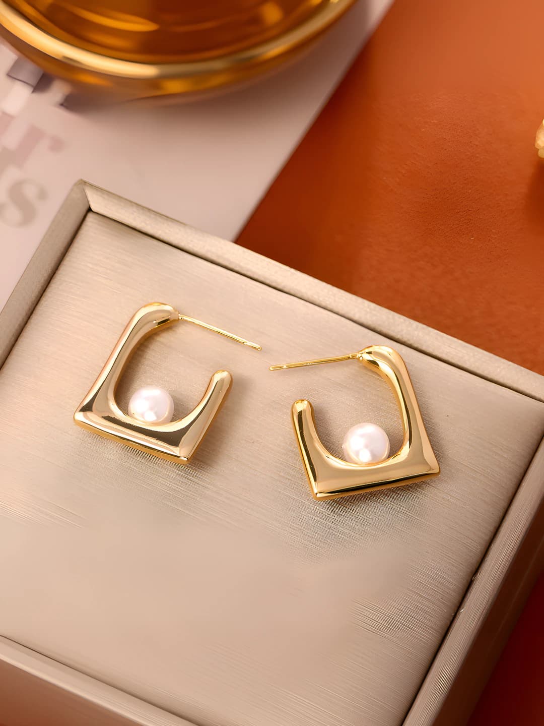 Gold square pearl earrings