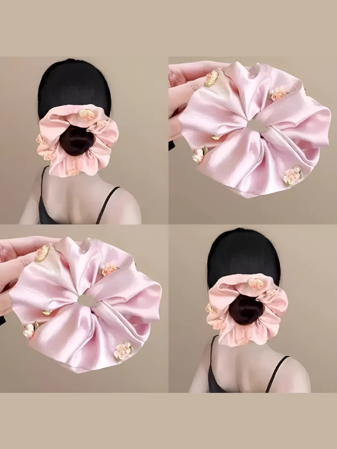 Women's satin scrunchie hair tie with lace and organza, floral and lotus print, loose fit