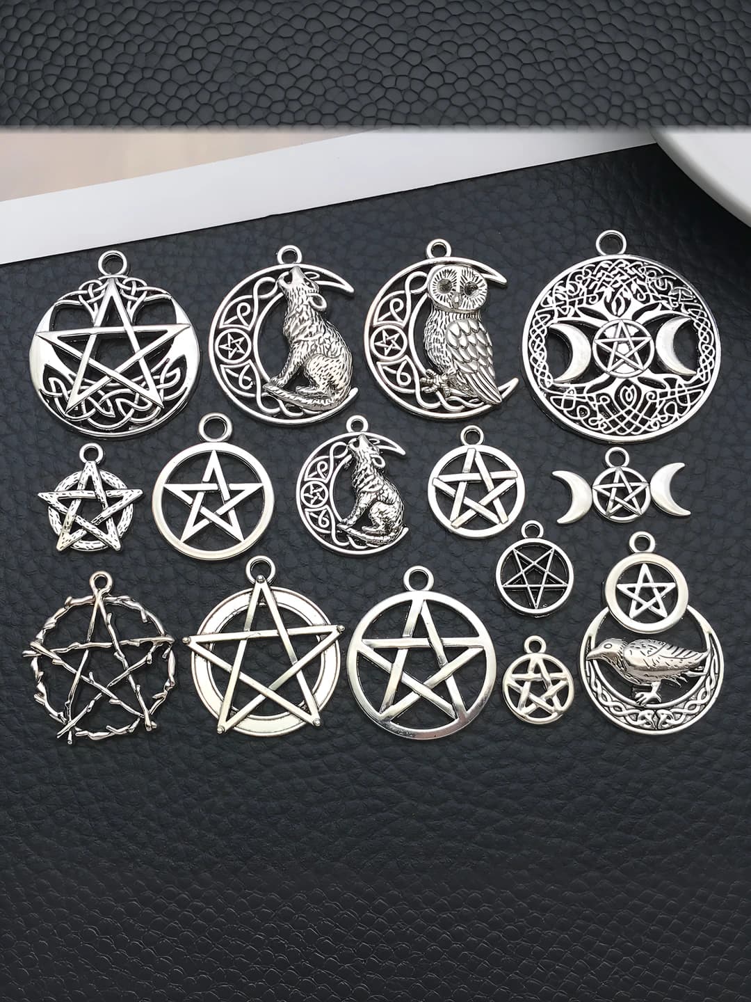 Women's DIY alloy charms in retro style: antique silver color, cut-out pentagram pattern, owl and wolf designs