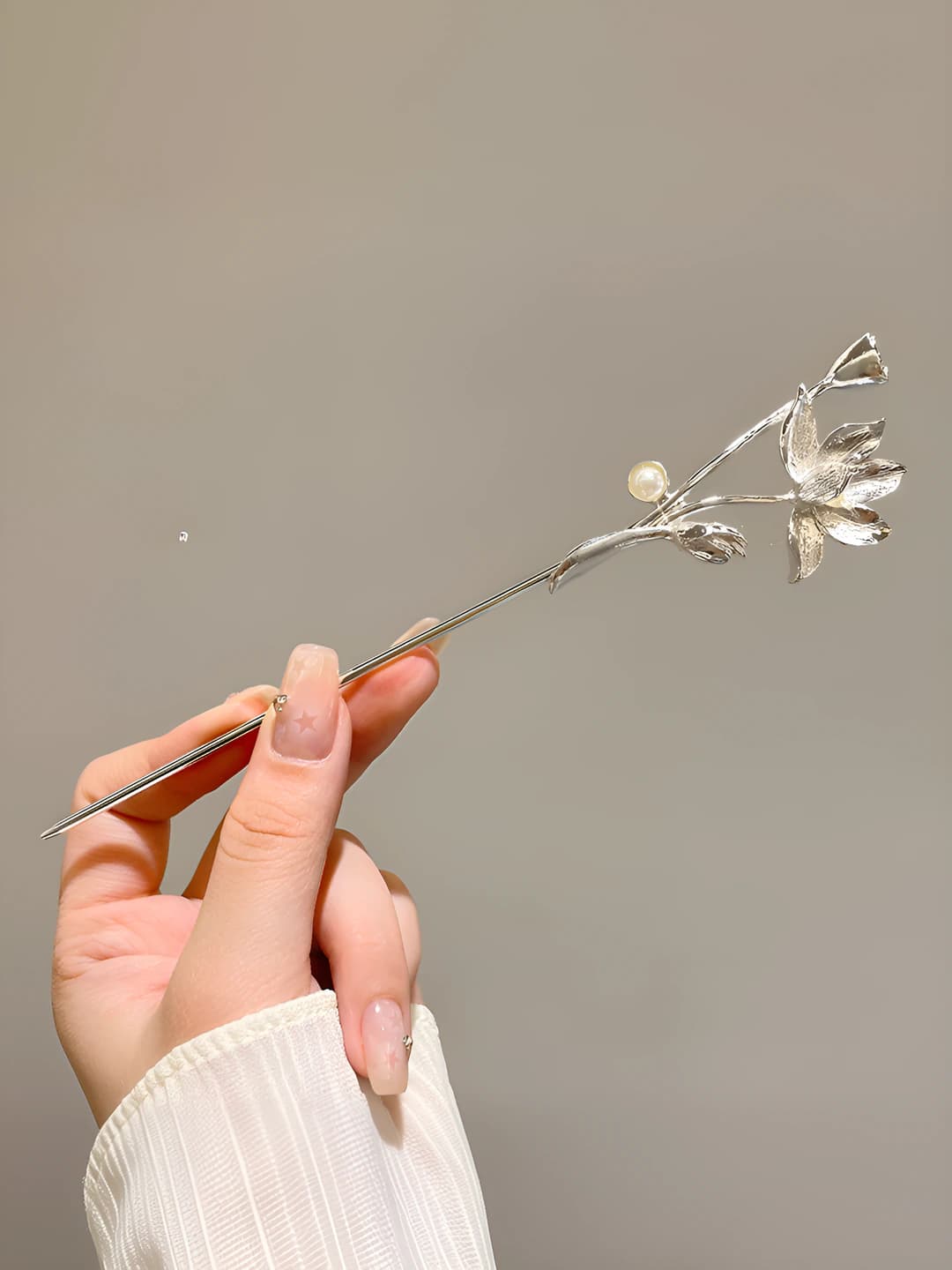 28# Pearl lotus flower hair pin - Silver