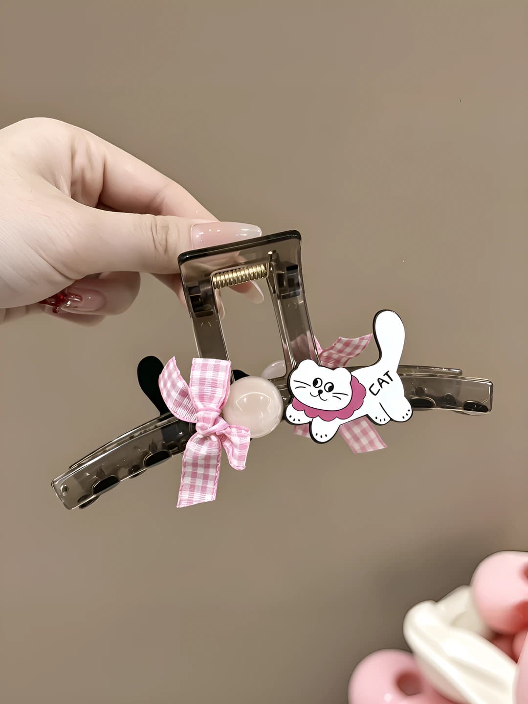 Белый кот розовая клетка бант Кофейный PC зажим ~13 см