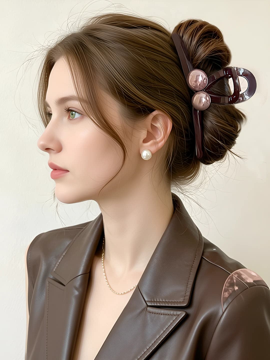 Dark coffee double pearl large claw clip - approx 13 cm