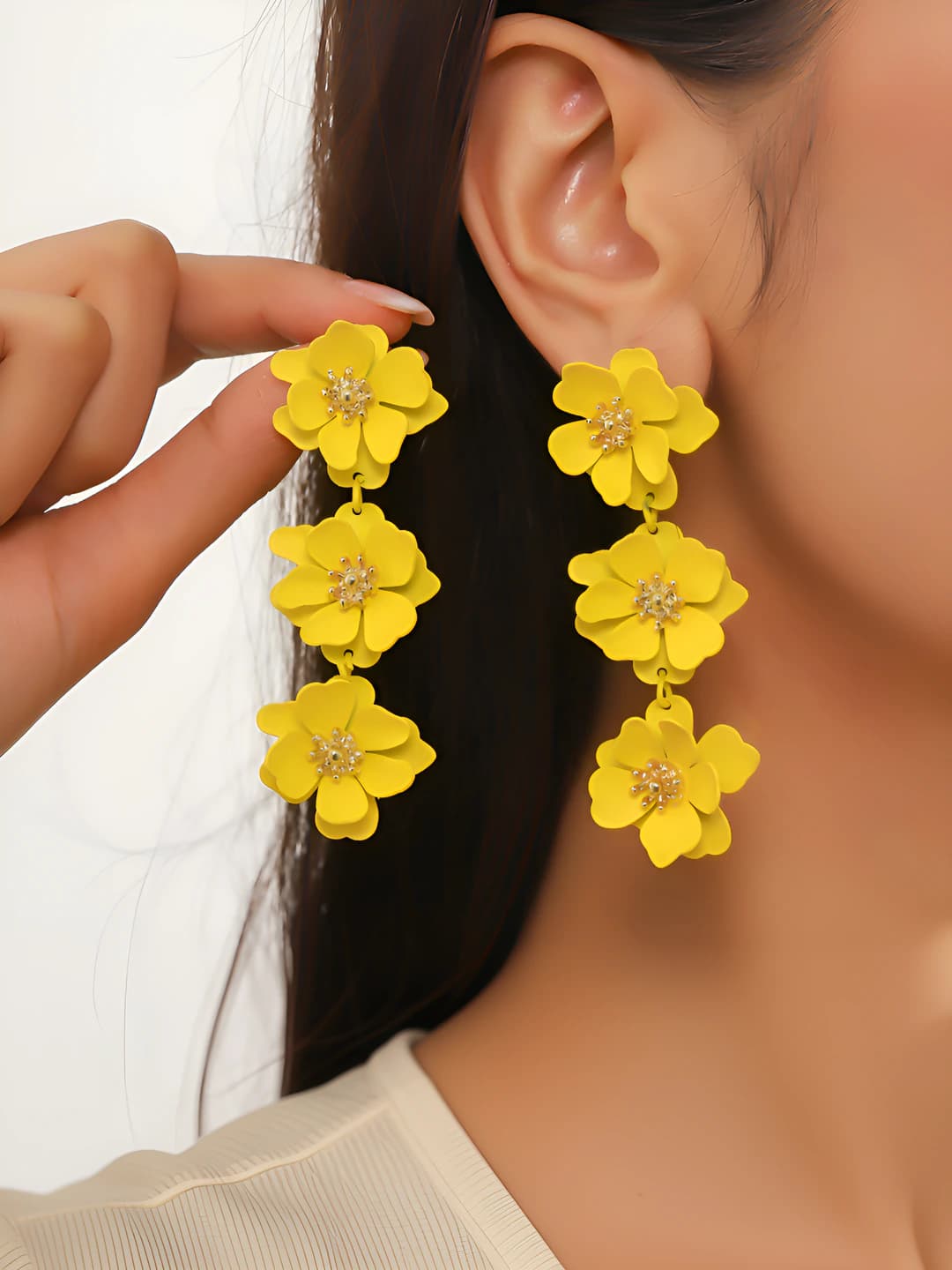 Women's long earrings with flower design element, made of matte resin and stainless steel, in European-American style