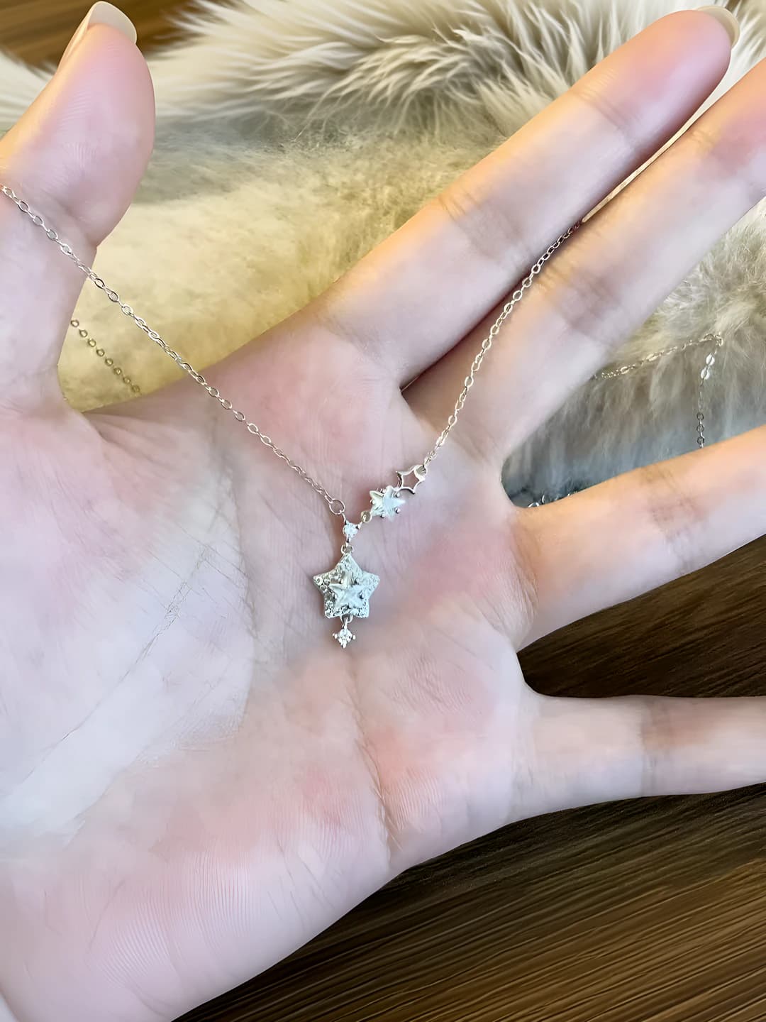 Women's silver star pendant necklace, fully rhinestone set, 41-50 cm, casual