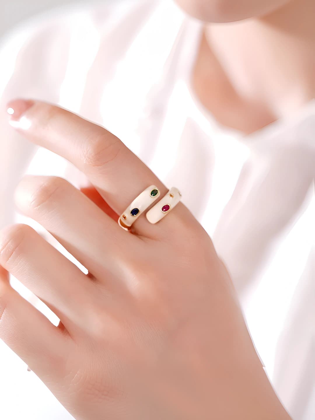 Women's colorful geometric enamel ring, open design, new Chinese style