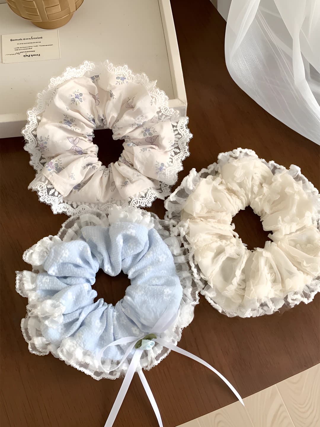 Women's lace scrunchie hair tie, large size, handmade, fruit pattern, sweet and gentle