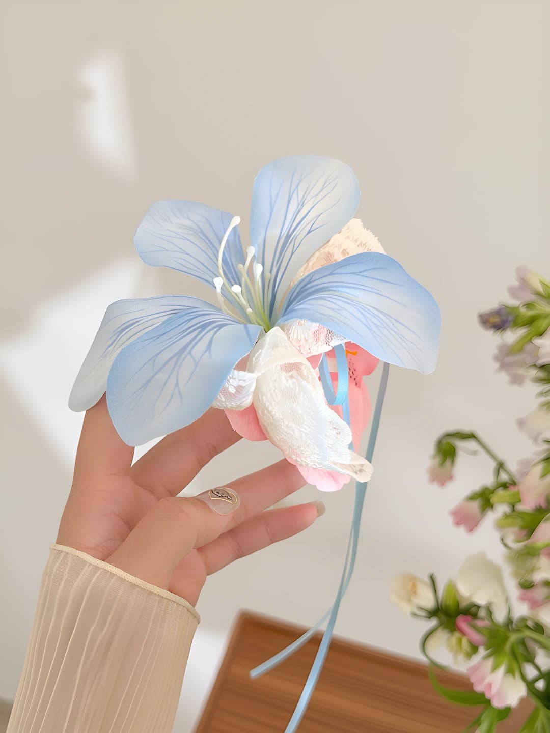 Blue-pink flowers hair clip