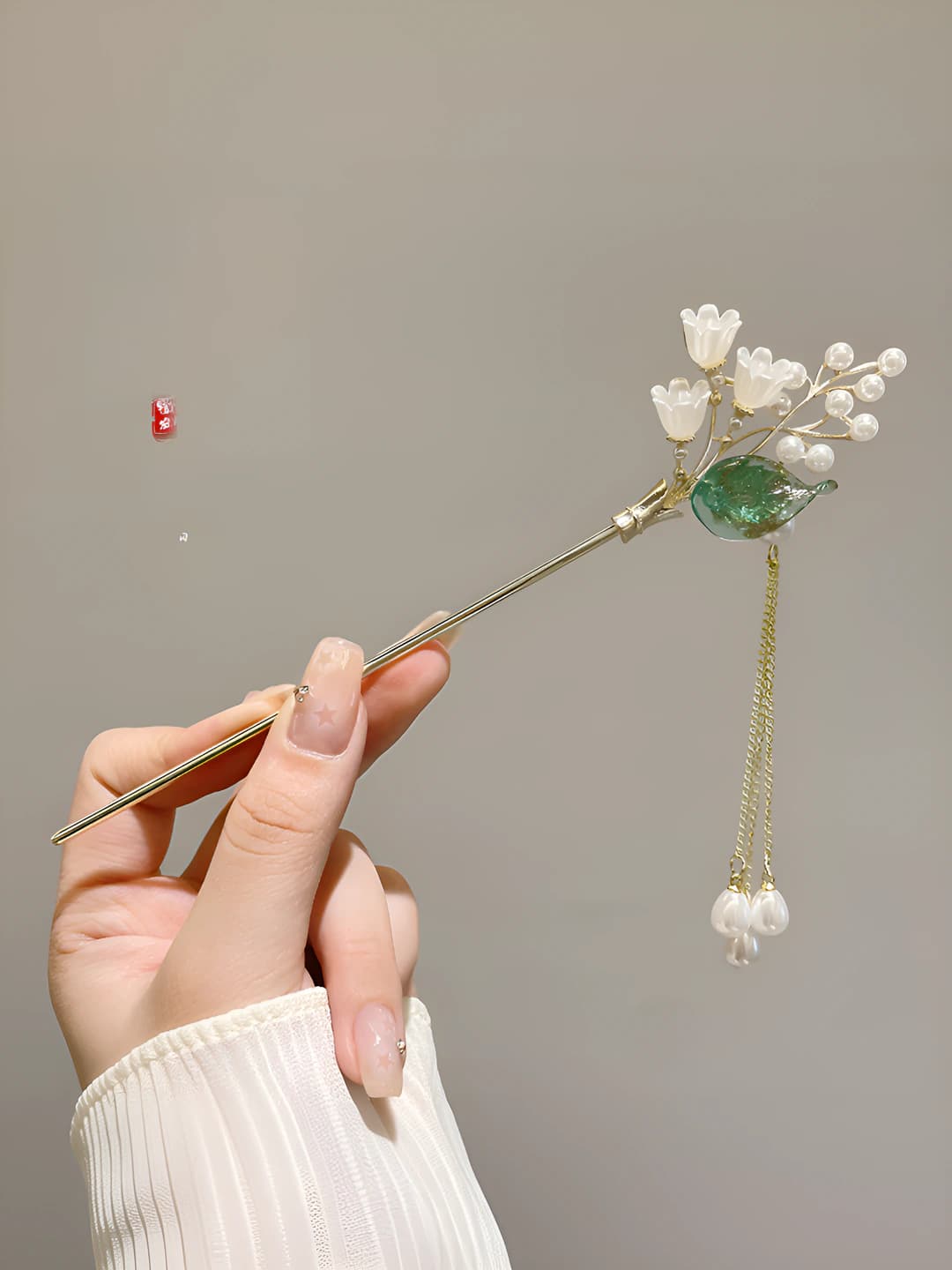 33# Bell flower pearl leaf pearl tassel hairpin - gold (bagged)