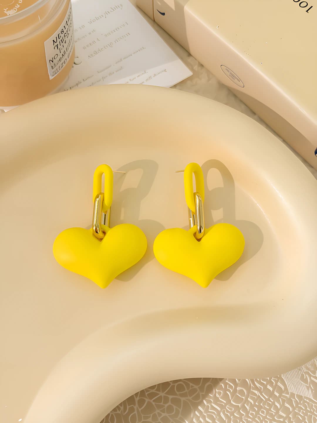 Lemon yellow 3D heart studs, 925 silver