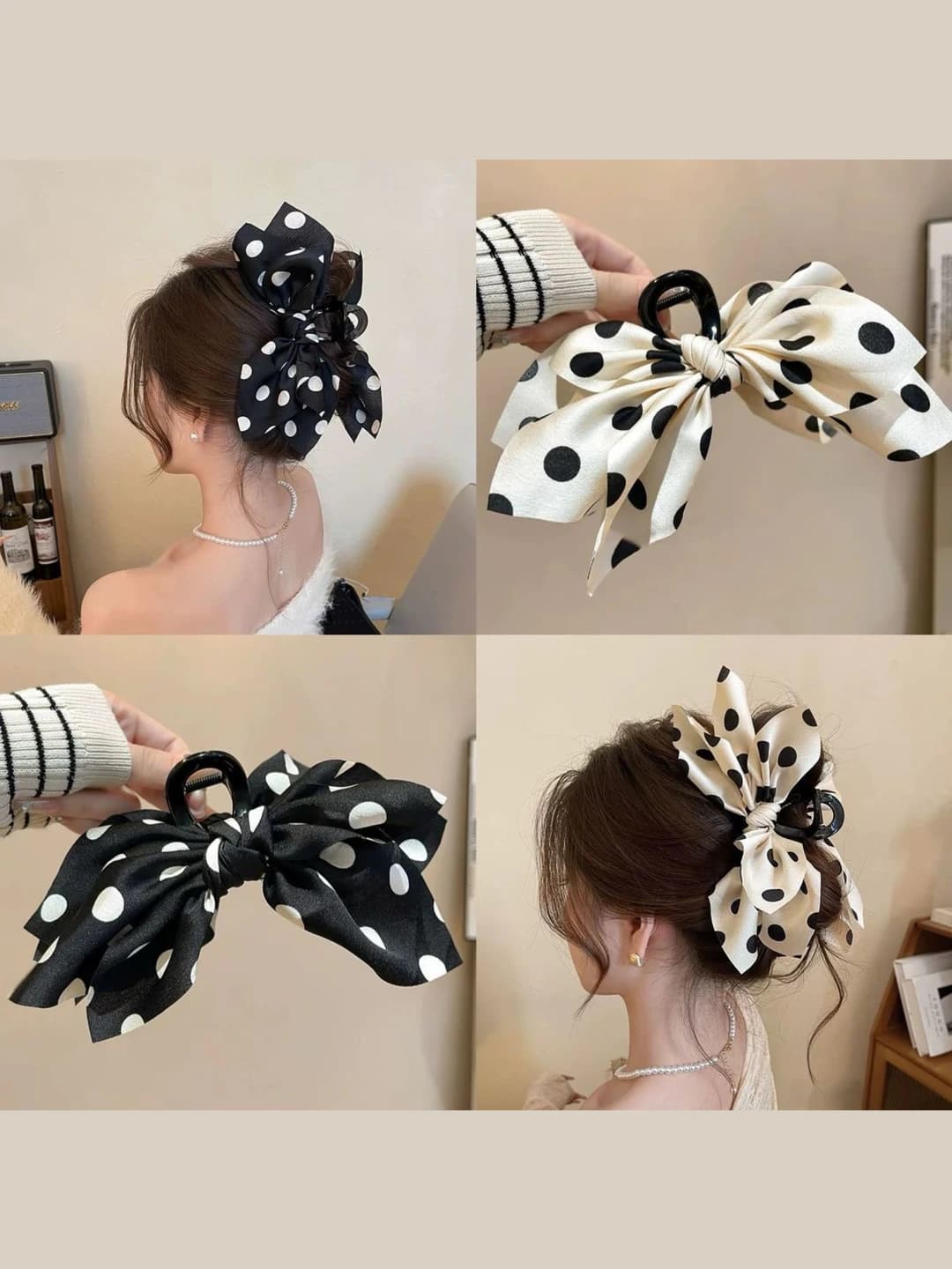 Women's polka-dot bow hair clips and combs, black ribbon, handmade, 2026