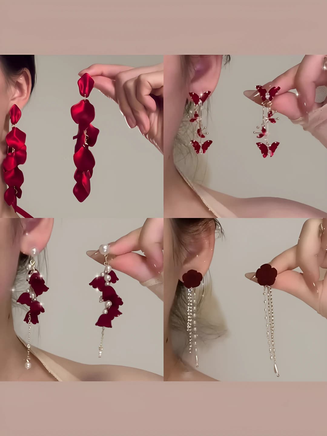 Women's retro long earrings with red flowers and petals