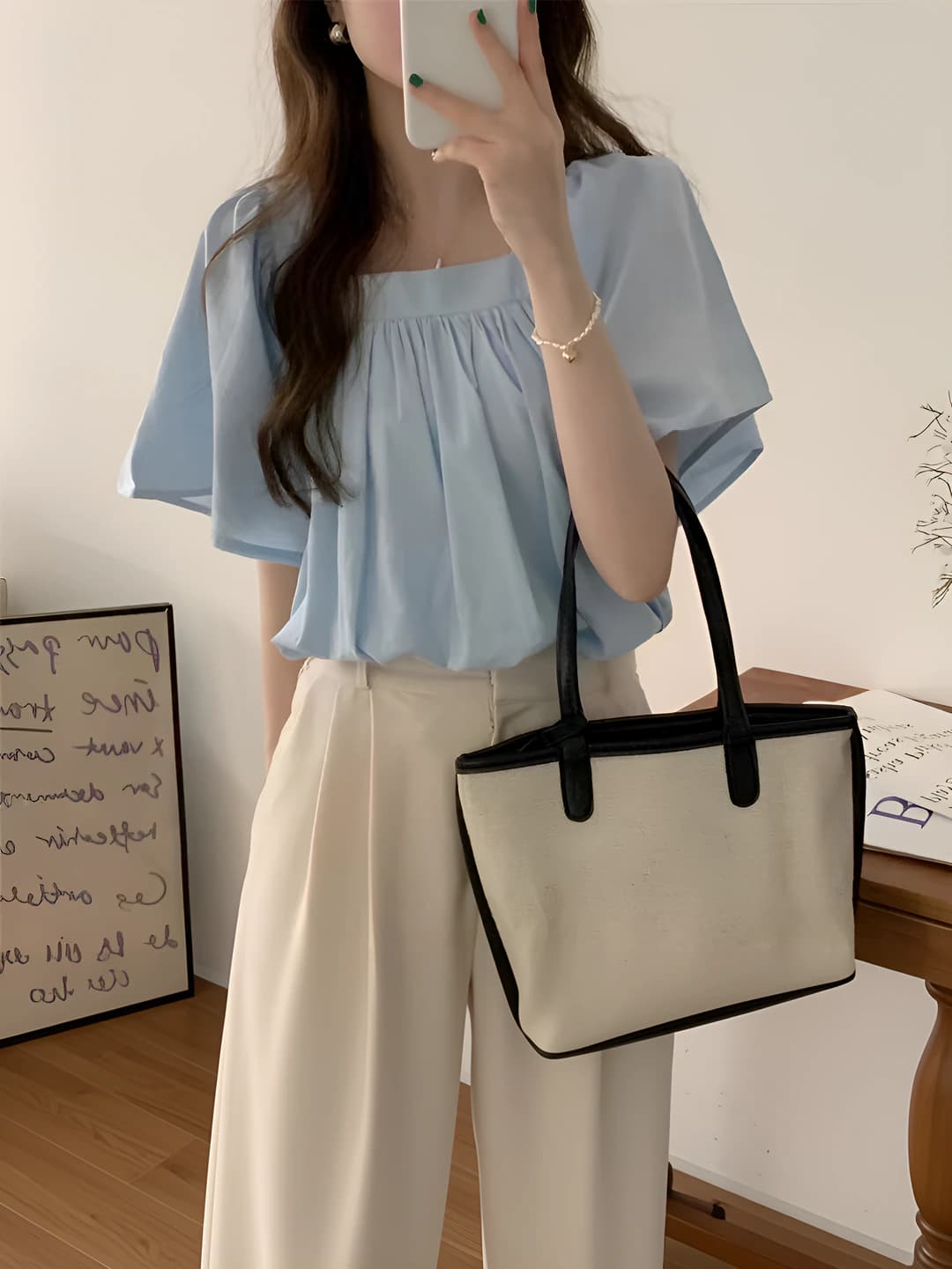 Women's solid colour summer blouse, slimming, slim fit, short sleeve, French style puff sleeves, square collar