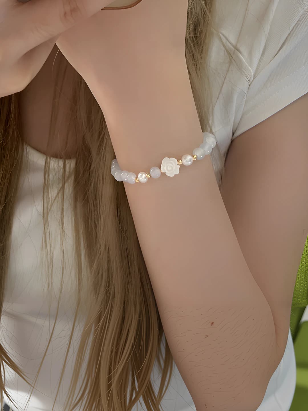 Beaded bracelet for women with aquamarine and camellia flower, natural style, 2026