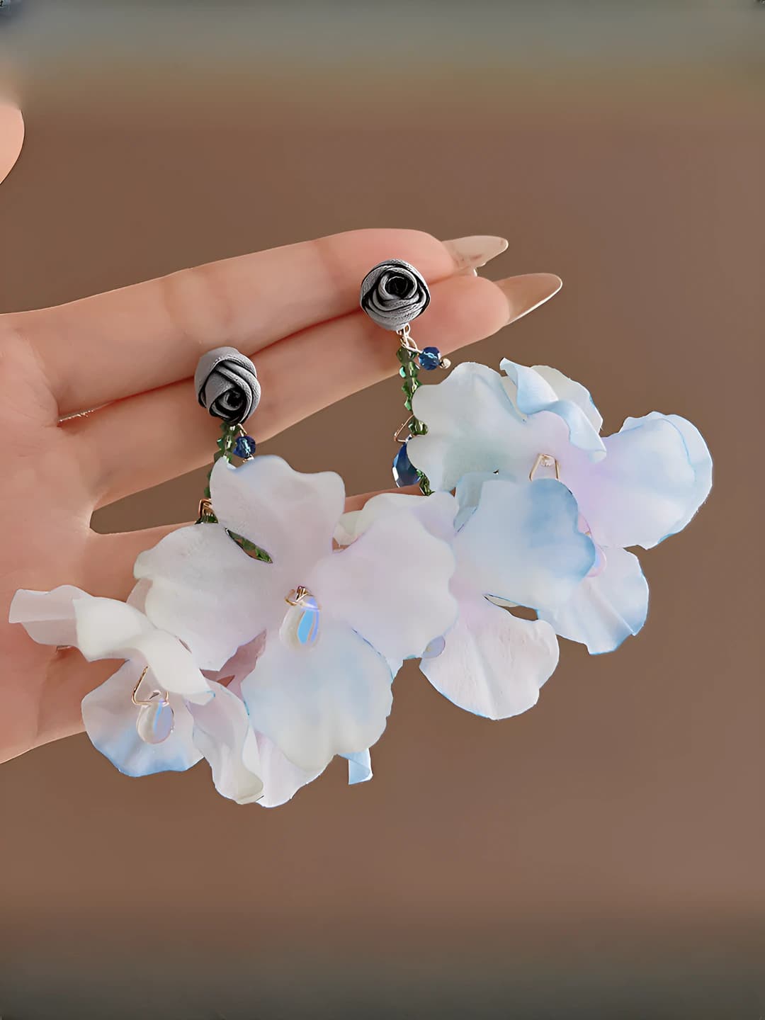 Blue rose flower tassel stud earrings