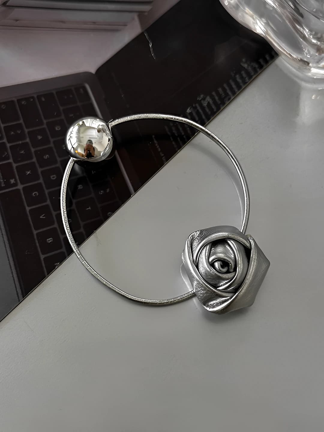 Silver rose hair tie