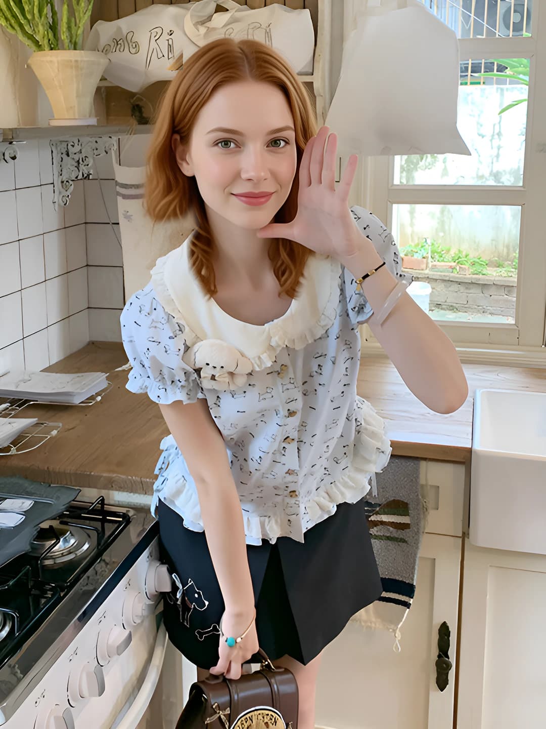 Women's lace patchwork short sleeve loose fit cropped blouse with 3D decoration, peter pan collar, button closure, cute style
