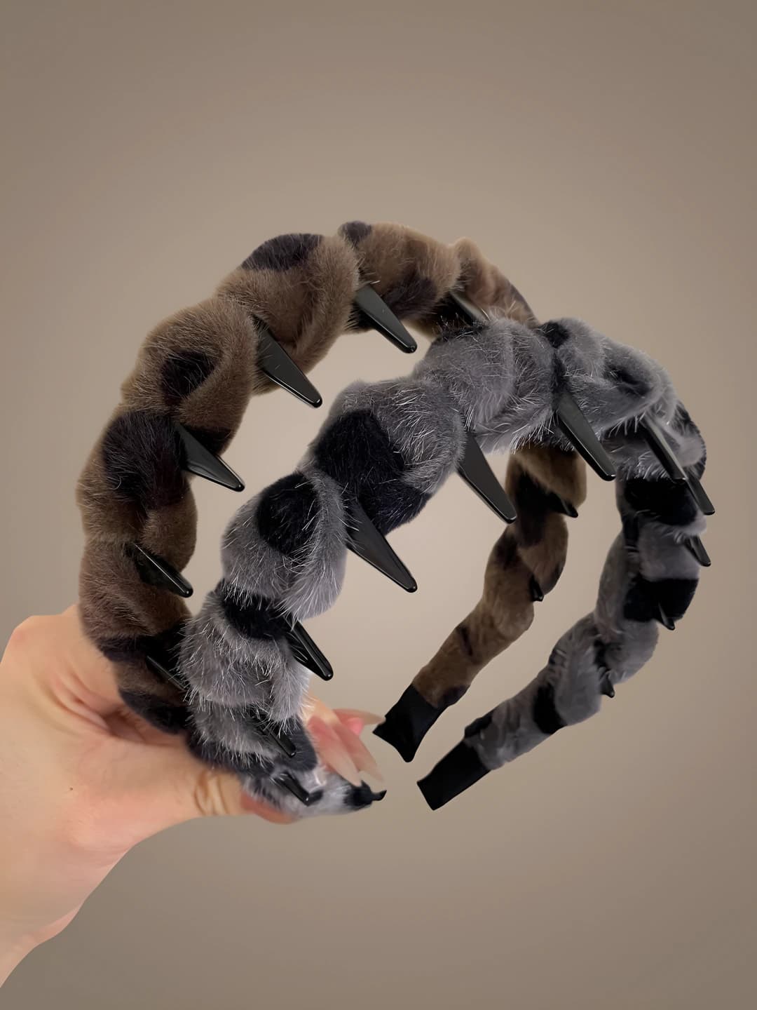 Women's autumn-winter non-slip fur headband with teeth, handmade, leopard print, Korean style