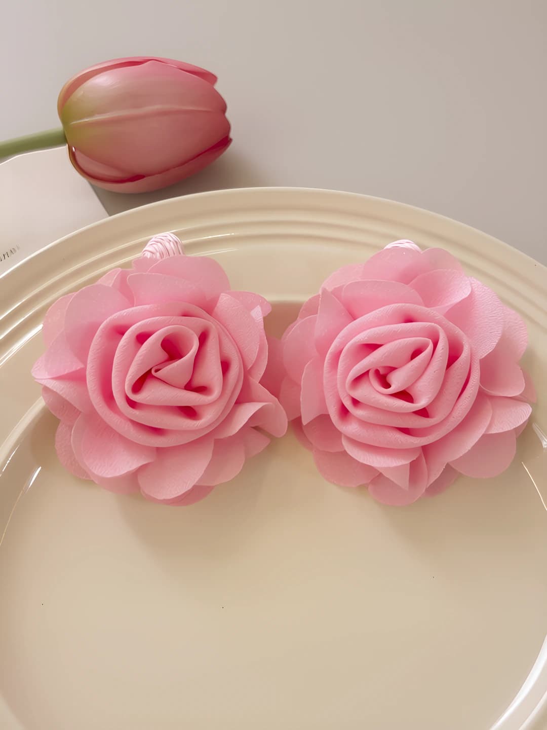 Pink fabric rose earrings - 6.3 cm