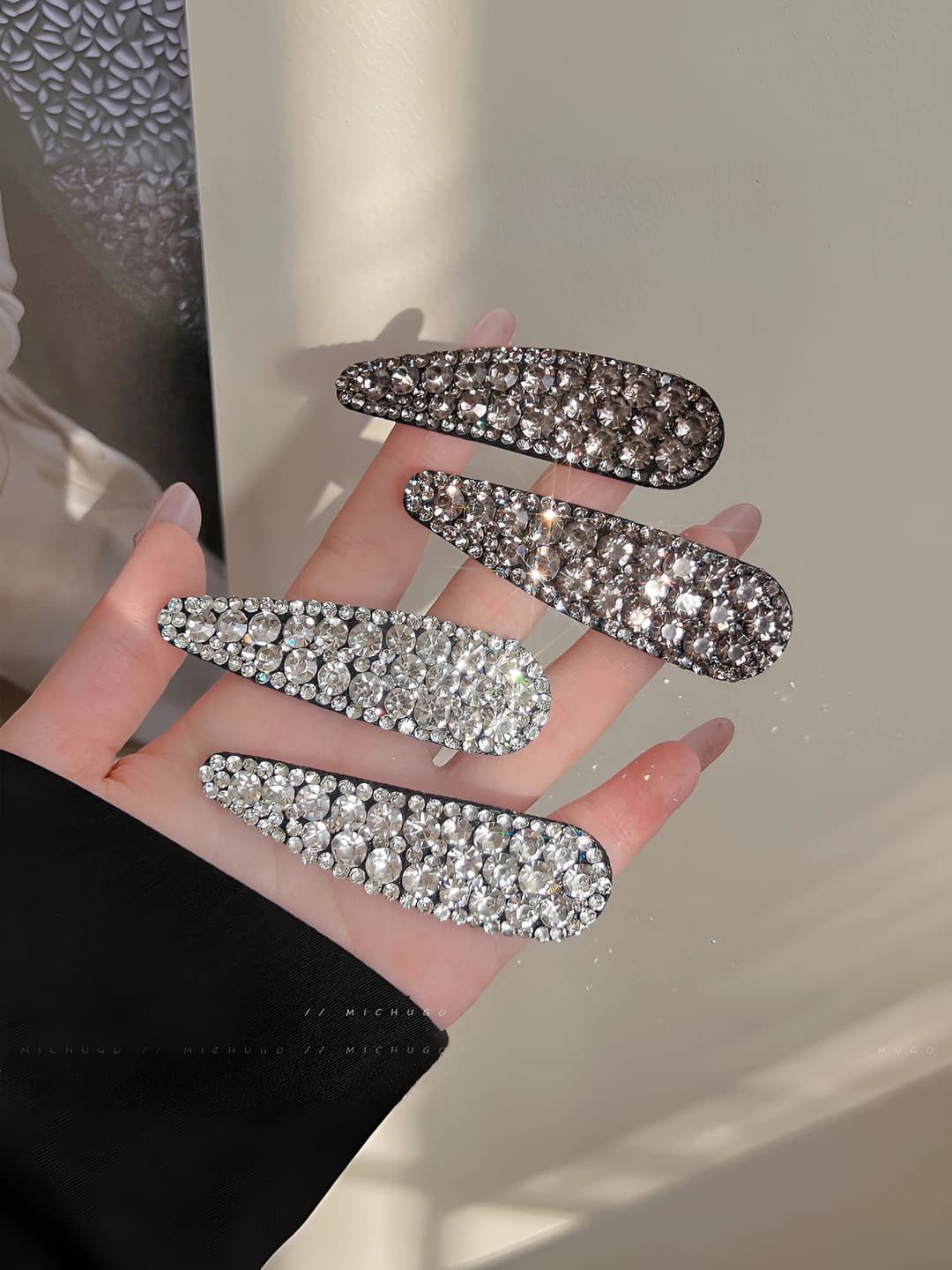 Women's rhinestone water-drop hair clips and combs, plastic, handmade, BB clips, light luxury style design element
