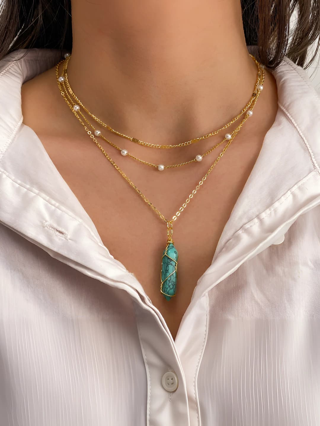 Women's necklace with natural stone and crystal pendant, handmade, hexagonal shape