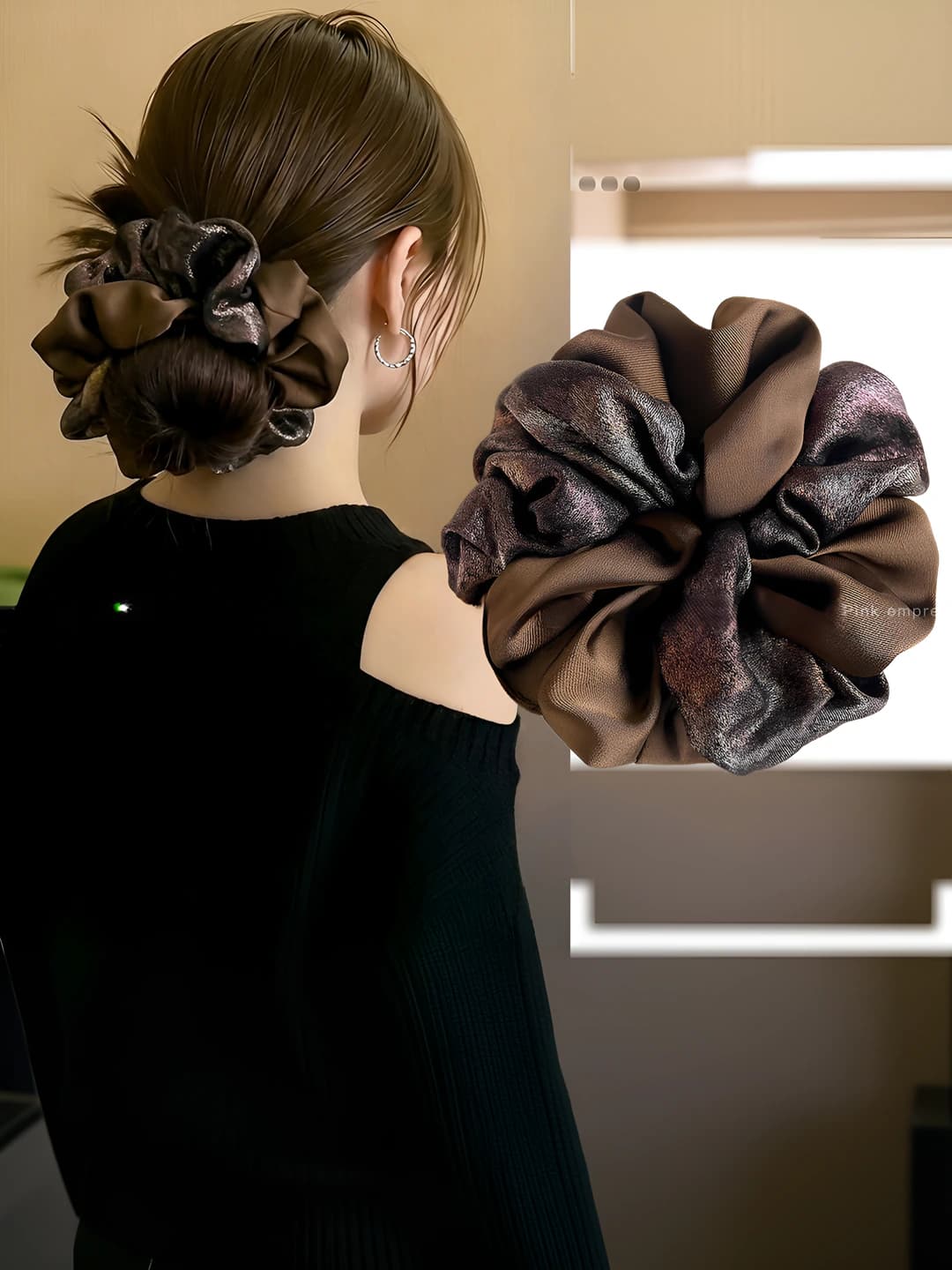 Women's stretch hair scrunchies in Korean style with embroidery, large size, two-tone fabric