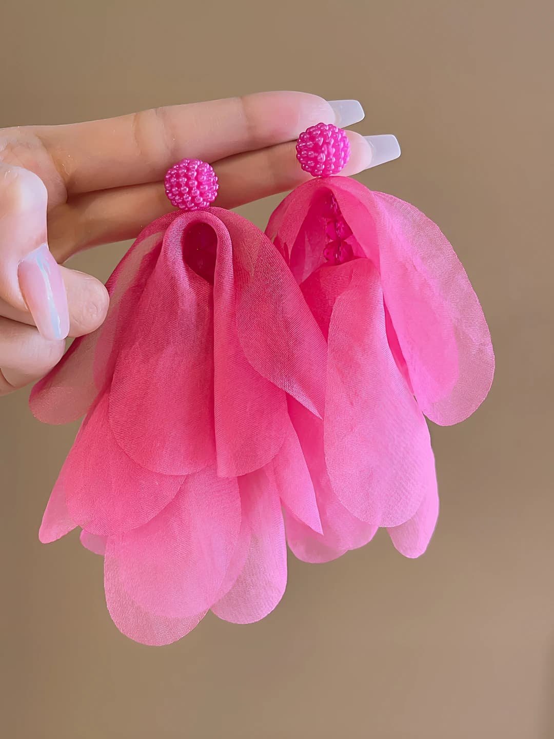 Rose red pearl mesh petal earrings