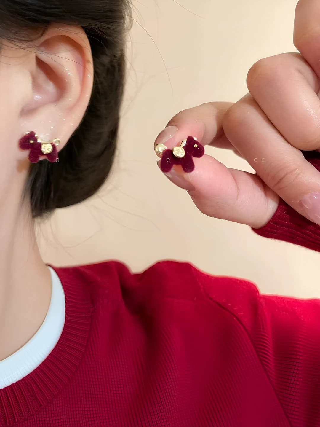Red velvet pony stud earrings