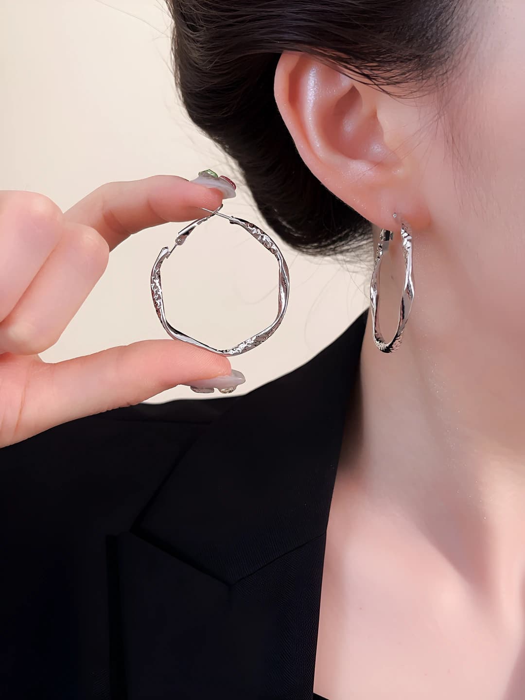 Silver twisted texture hoop earrings, 925 silver