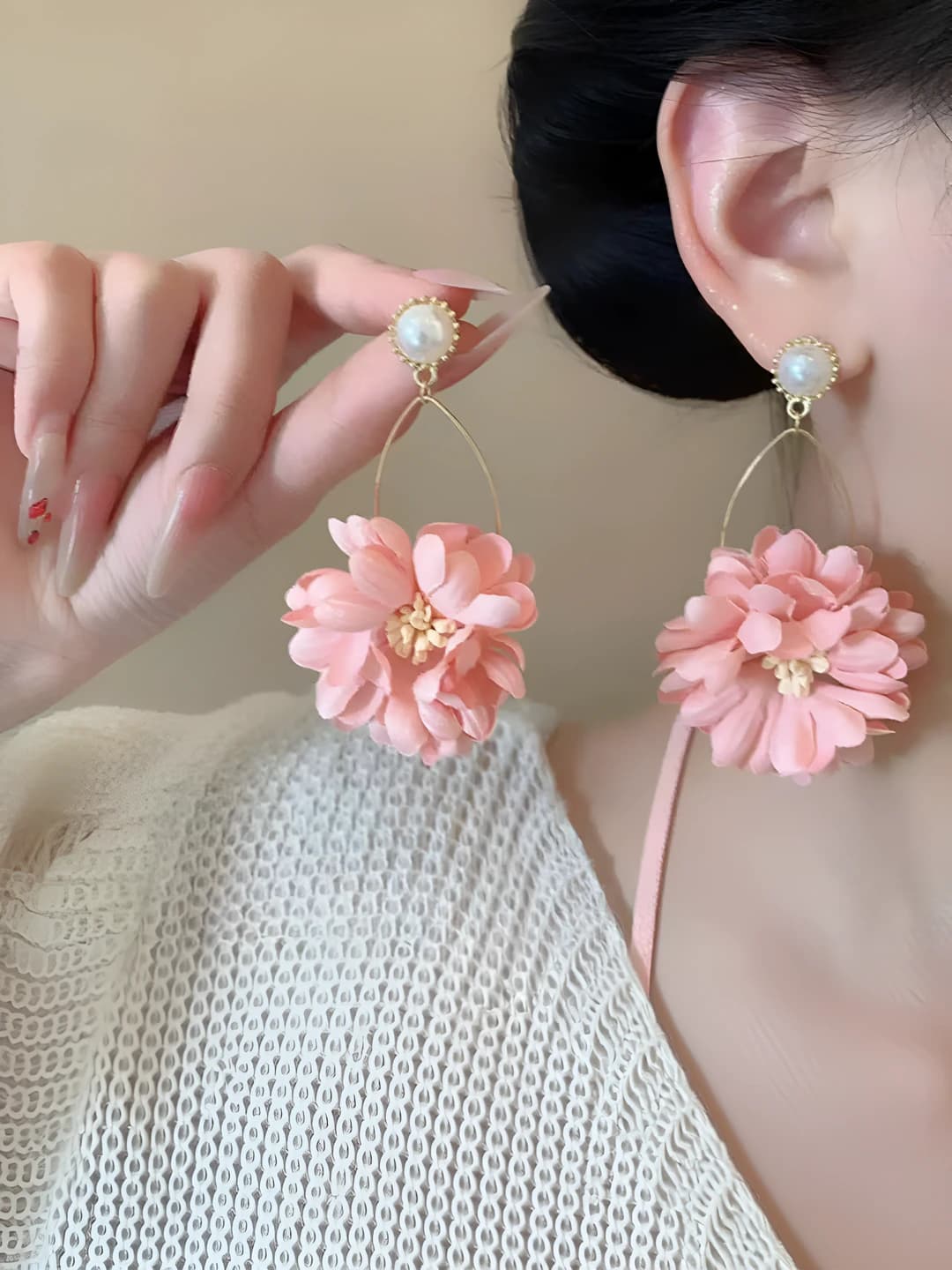 Pink floral pearl earrings