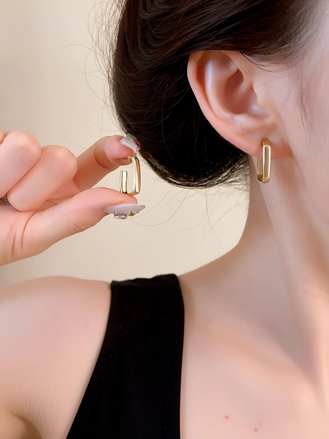 Gold square stud earrings, 925 silver