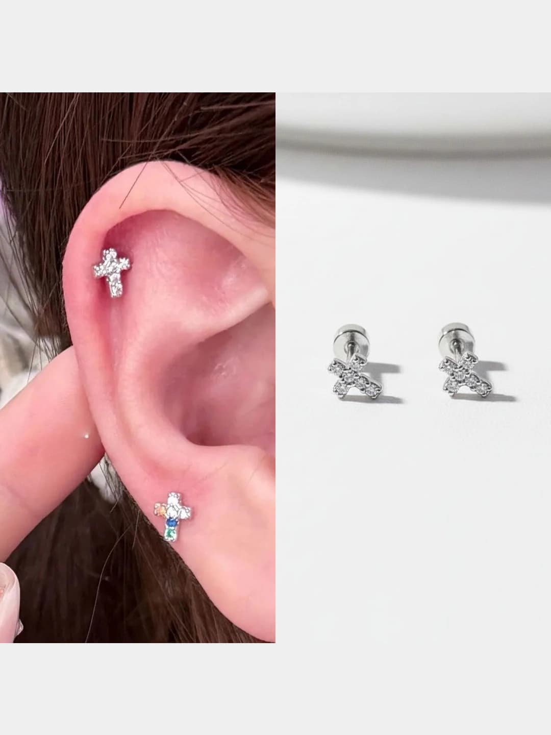 Women's mini cross stud earrings in titanium steel, colored, electroplated, no need to remove for sleeping, delicate and dainty