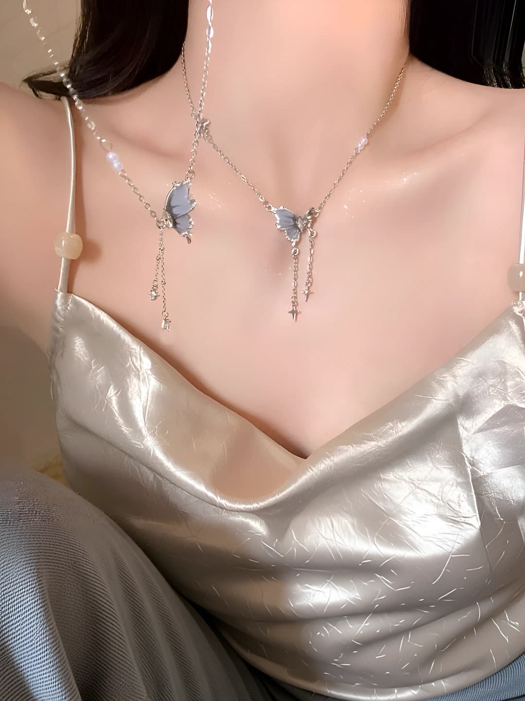 Women's sweet style butterfly pearl necklace