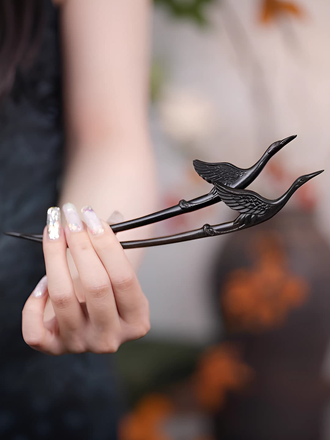 Women's carved wood hairpin with crane design, minimalist geometric style