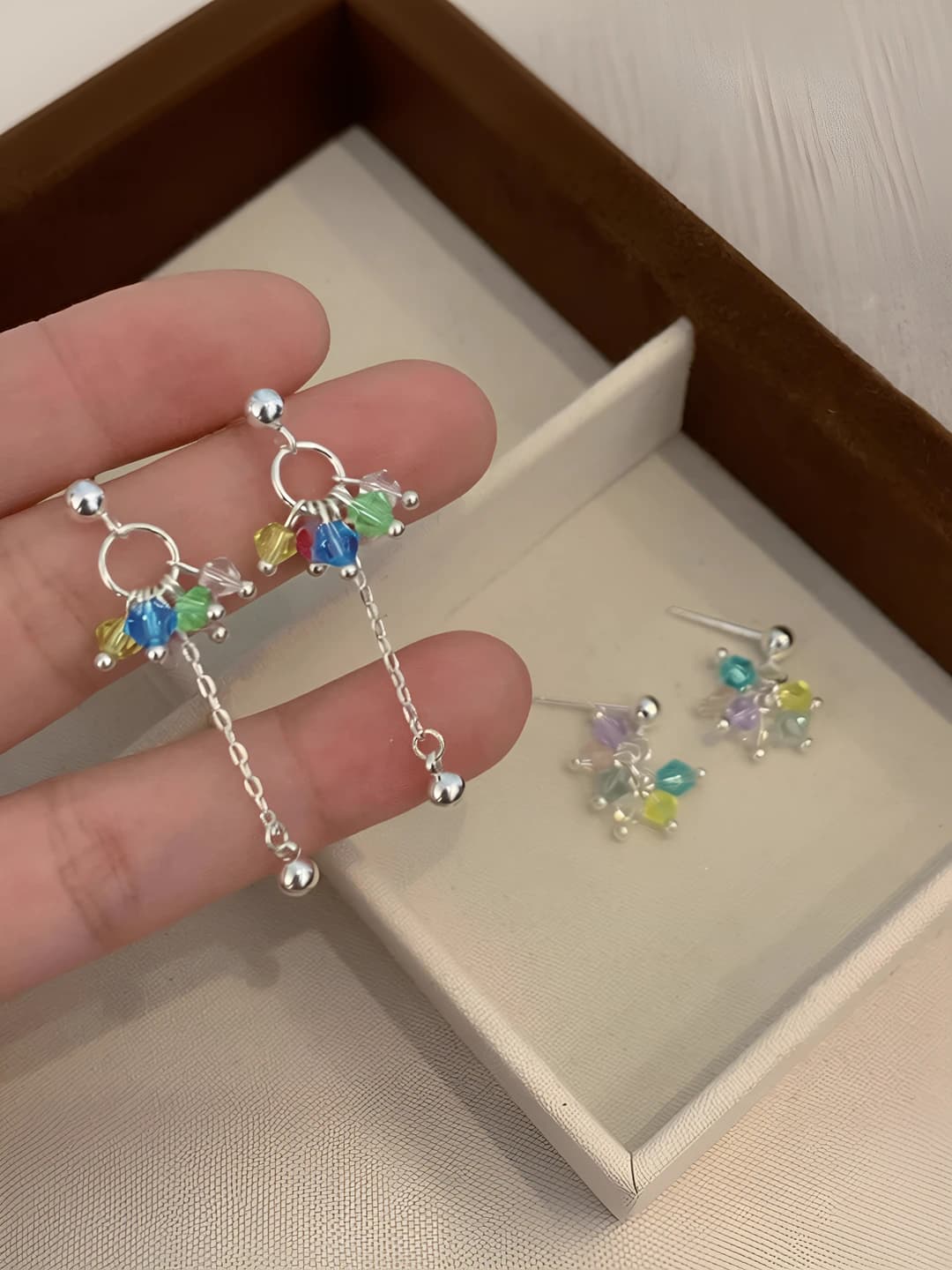 Women's colorful crystal tassel earrings: geometric shape, octagon design element, light luxury style